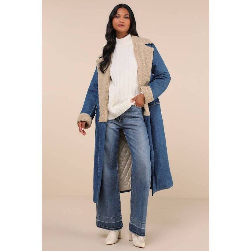 Lulus Superb Statement Medium Wash Denim Shearling Trench Coat Blue - Size XS